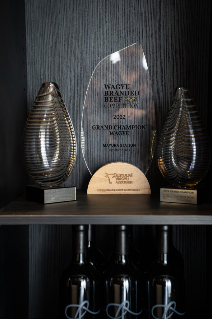 Trophy cabinet displaying Mayura Station's Wagyu Branded Beef Competition awards